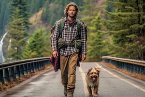 bello barbuto uomo con zaino nel il autunno foresta. viaggio e avventura concetto. generativo ai foto