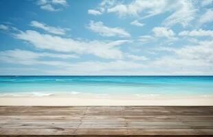 bellissimo scenario di il mare con di legno tavolo su il spiaggia foto