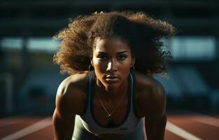 donna allungamento esercizio nel Atletica su traccia foto