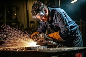 industriale lavoratore indossare protettivo capi di abbigliamento e maschera saldatura metallo nel fabbrica. generativo ai foto