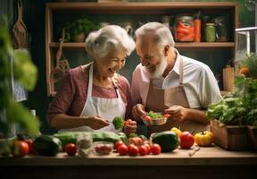 vecchio coppia cucinando a il cucina foto