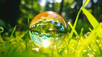cristallo acqua su grees erba palla un' magico e sognante Visualizza di il mondo in giro noi durante mattina ai generativo ai generativo foto