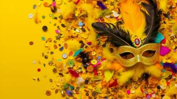 festivo veneziano carnevale maschere con piume e perline su giallo sfondo ai generativo foto