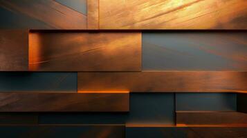 rame parete sfondo con un' geometrico modello di metallico pannelli nel blu arancia e oro ai generativo foto
