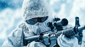 speciale forze soldato nel freddo tempo metereologico Ingranaggio con cecchino fucile nel un' congelato ambiente ai generato foto