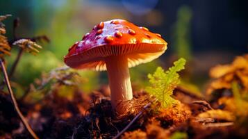 rosso e bianca macchiato fungo con un' ondulato berretto un' avvicinamento di un' volare agarico fungo ai generativo foto