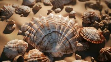 un' collezione di conchiglie su un' sabbioso spiaggia con rocce nel il sfondo ai generativo foto