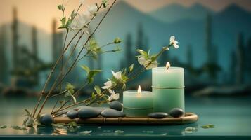 zen terme sfondo con candele fiori e pietre rilassante e sereno terme ambientazione con bambù ai generativo foto