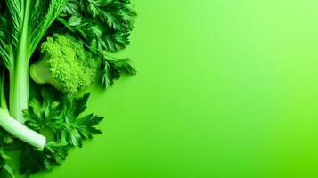 sedano, prezzemolo, e broccoli su un' verde sfondo un' Perfetto scelta per fresco e biologico cibo Gli amanti ai generativo foto