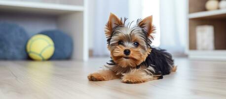 alto qualità foto di un' divertente yorkshire terrier cane giocando con un' beige giocattolo palla nel un' decorativo interno