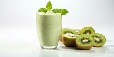 vicino su di fresco Kiwi succo con frutta su tavolo, isolato su bianca sfondo, ai generato foto