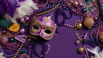 festivo mardi gras composizione con viola e oro maschera perline palline e piume su un' viola ai generativo foto