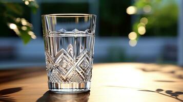 bicchiere con un' riflessione un' dettagliato Visualizza di il brillante e trasparente superficie di un' bevanda bicchiere ai generativo foto