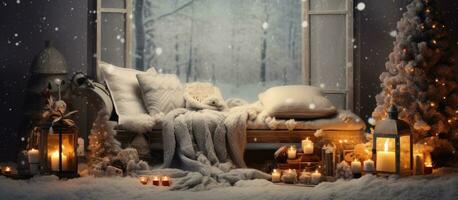 il incantevole Natale ambiance camera con camino artificiale neve ghirlande coperta e caldo bevande vassoio foto