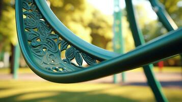 un' buio swing terreno di gioco attrezzatura nel un' parco con alberi e erba ai generativo foto