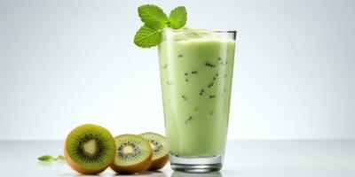 vicino su di fresco Kiwi succo con frutta su tavolo, isolato su bianca sfondo, ai generato foto