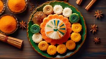colorato indiano delizioso dolci su un' decorativo piatto per festivo occasioni indipendenza giorno tema ai generativo foto