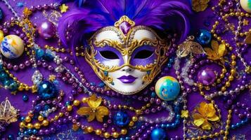 viola e oro mardi gras bandiera con maschera perline e ornamenti celebrare il carnevale stagione ai generativo foto