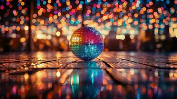 colorato discoteca palle su di legno pavimento con sfocato bokeh luci nel il sfondo ai generativo foto