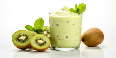 vicino su di fresco Kiwi succo con frutta su tavolo, isolato su bianca sfondo, ai generato foto