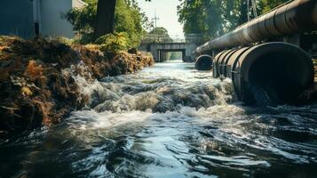 contaminati acqua concetto, sporco acqua flussi a partire dal il tubo in il fiume, acqua inquinamento, ambiente contaminazione, ai generativo foto