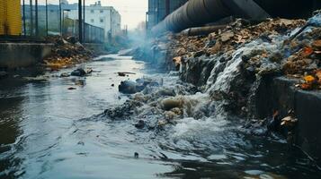 contaminati acqua concetto, sporco acqua flussi a partire dal il tubo in il fiume, acqua inquinamento, ambiente contaminazione, ai generativo foto