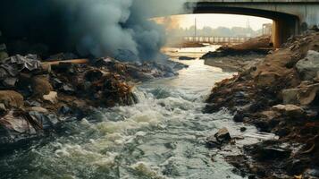 contaminati acqua concetto, sporco acqua flussi a partire dal il tubo in il fiume, acqua inquinamento, ambiente contaminazione, ai generativo foto