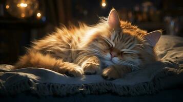 pacificamente addormentato bambino gatto, accogliente carino gattino sonnecchiare, ai generativo foto