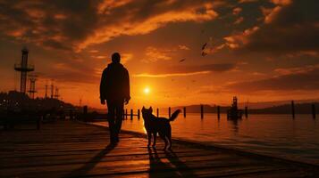 fotografia-sagoma di un' uomo a piedi il suo cane su il molo, d'oro ora, ai generato foto
