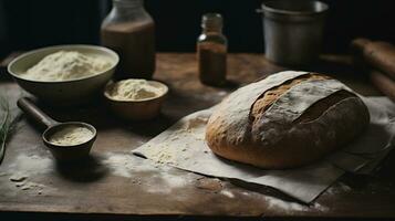 generativo ai, panettiere prepara pane o forno a il casa cucina, ecologicamente naturale pasticcini. foto