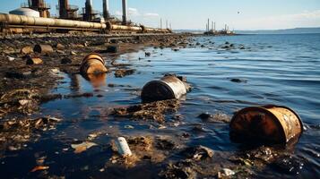 contaminati acqua concetto, sporco acqua flussi a partire dal il tubo in il fiume, mare, acqua inquinamento, ambiente contaminazione, ai generativo foto