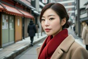 bellissimo donna nel un' cappotto su il strada. professionista foto