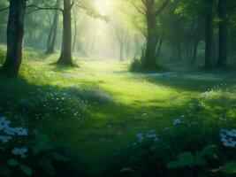 idilliaco luce del giorno foresta paesaggio, ai generativo foto