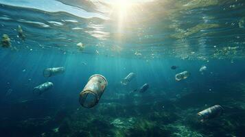 un' lotto di plastica acqua bottiglie inquinamento nel oceano. ambientale protezione concetto. generetivo ai foto