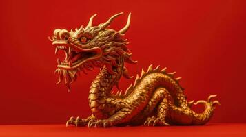 Cinese oro Drago nel inteligente posa su rosso sfondo. generativo ai foto