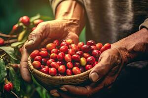 agricoltura raccolta caffè frutti di bosco, agricoltori mano raccolta arabica caffè frutti di bosco o robusta frutti di bosco di il mani. Vietnam. generativo ai foto