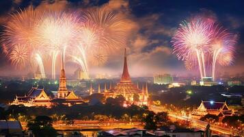 contento nuovo anno nel il capitale Là siamo fuochi d'artificio nel il cielo a notte. creare ai foto