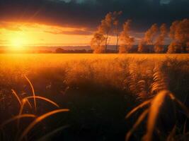un' mozzafiato tramonto nel il campo a crepuscolo, ai generativo foto