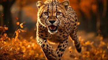 ghepardo in esecuzione nel africano selvaggio animale fotografia, generativo ai foto