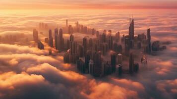 aereo Visualizza di dubai, unito arabo Emirates nebbioso mattina Alba. generativo ai foto