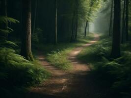 bellezza di un' nebbioso foresta oscura cattura il inquietante effetti di inquinamento, generativo ai foto