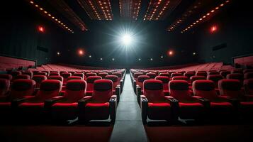 cinema interno di film Teatro con vuoto rosso e nero posti a sedere con copyspace su il schermo e splendore su bordo. generativo ai foto