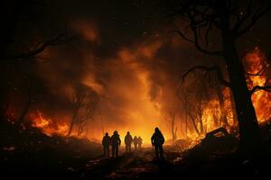 i vigili del fuoco su dovere, combattendo furioso foresta fuoco nel il buio ai generato foto