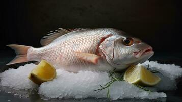 un' dentice pesce. crudo pesce dentice con Limone su ghiaccio sfondo. generativo ai foto