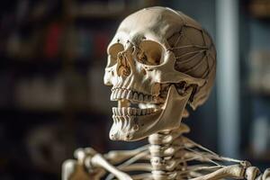 un' Morte umano scheletro modello. medico formazione scolastica su umano scheletro. generativo ai foto