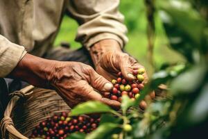 agricoltura raccolta caffè frutti di bosco, agricoltori mano raccolta arabica caffè frutti di bosco o robusta frutti di bosco di il mani. Vietnam. generativo ai foto