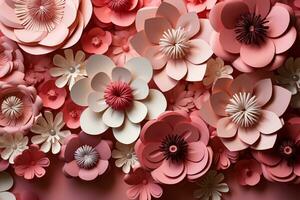 bambini festa vibrazione papercraft fiori adornano rosa sfondo, promuovere creativo vacanza spirito ai generato foto