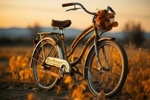 vecchio bicicletta nel un' tramonto illuminato prato, superficiale messa a fuoco ai generato foto