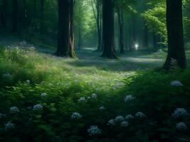 idilliaco luce del giorno foresta paesaggio, ai generativo foto