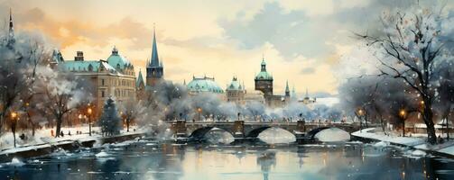 un' capriccioso inverno panorama cattura il incantevole skyline di europeo città nel un' sognante acquerello pittura foto